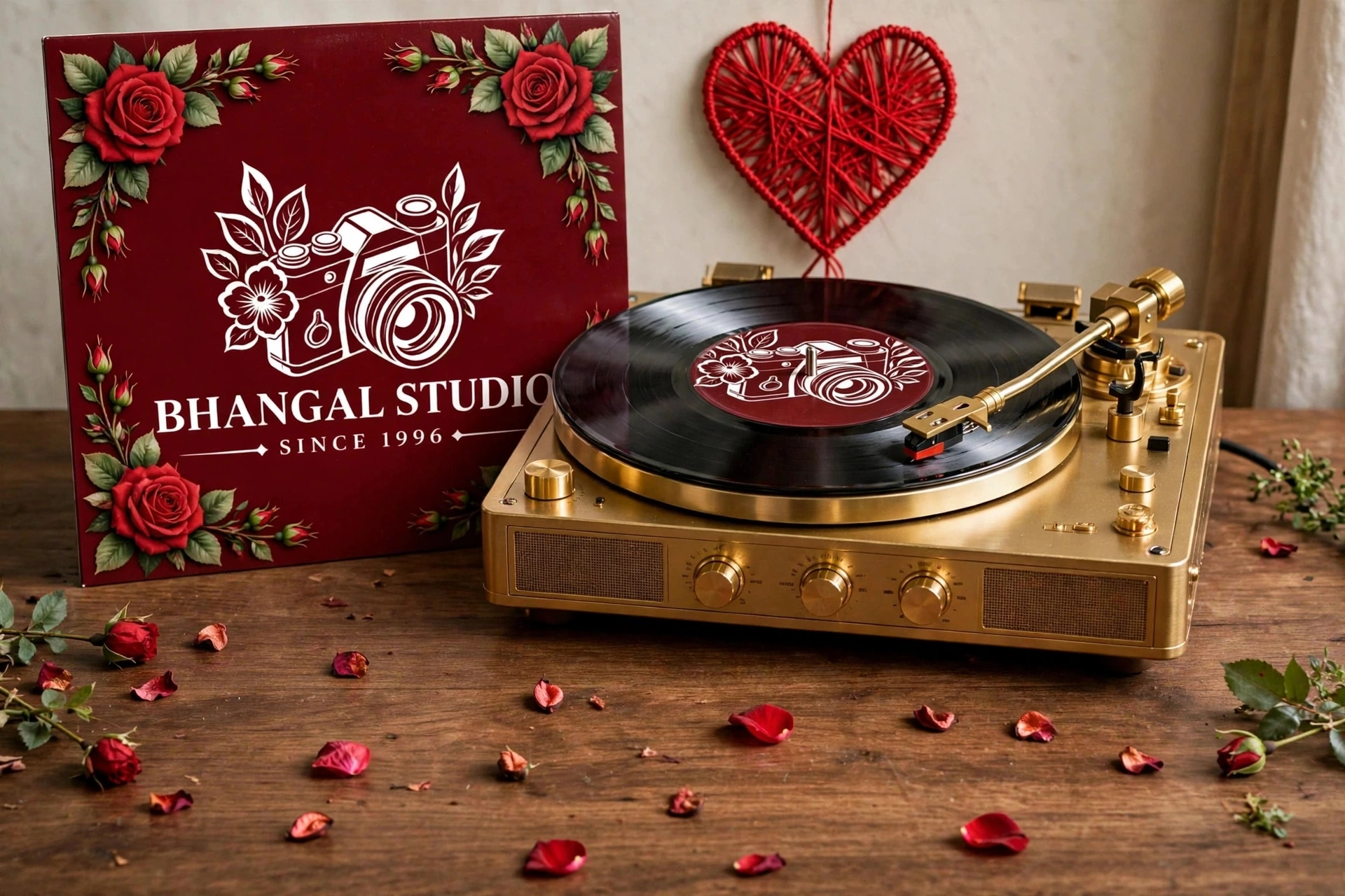 Bhangal Studio rose album and gold record player beneath a red heart